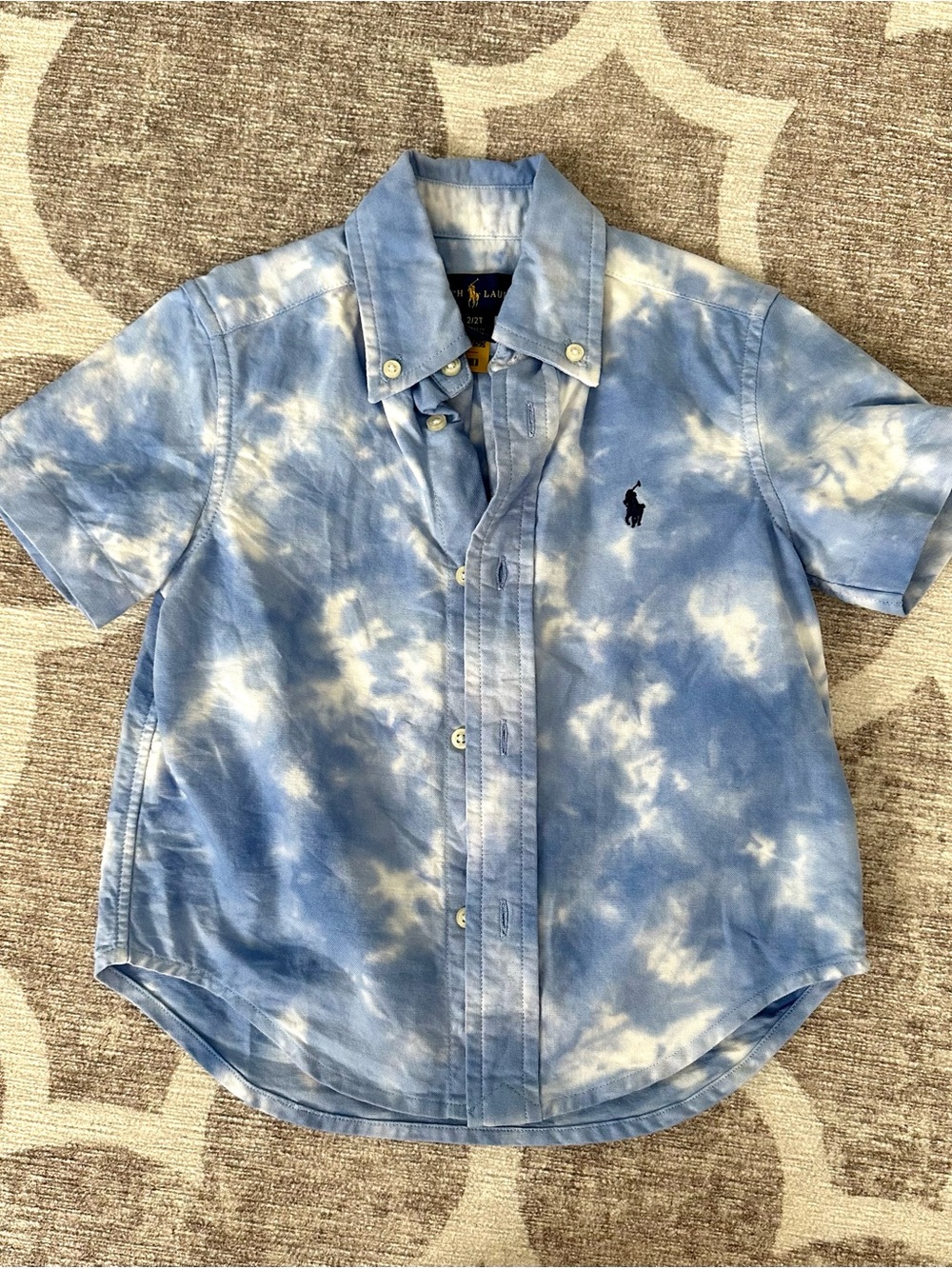 Ralph Lauren Blue and White Tie-Dye Short Sleeve Button-Down Shirt